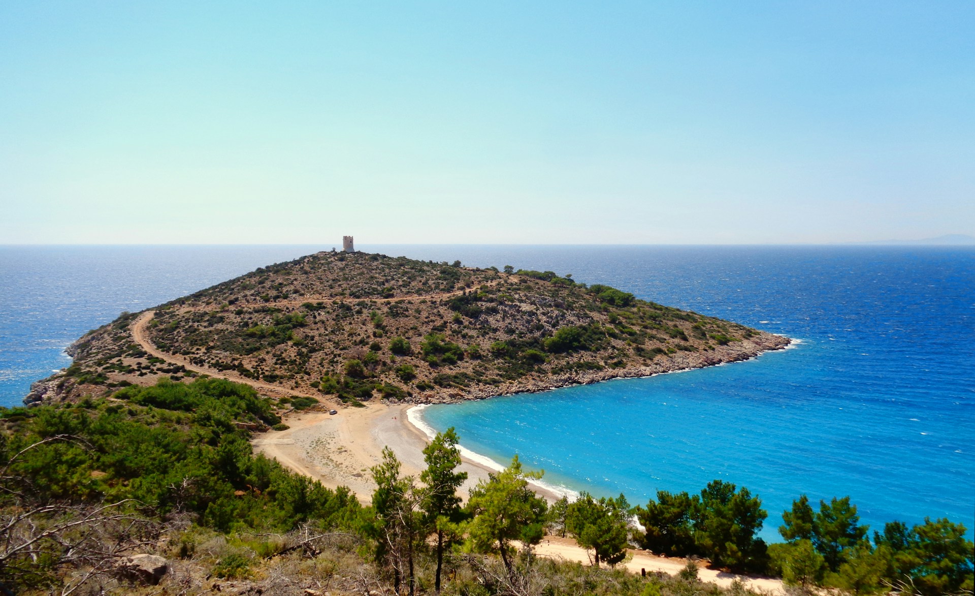 Trachili Beach with at the background an ancient watchtower